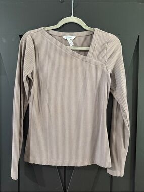 SPANX Ribbed Long-Sleeve Asymmetric Neck Top — Taupe